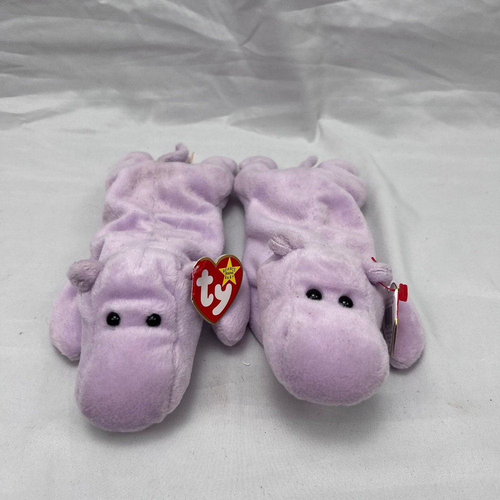 Ty Happy Beanie Baby Vintage Collectible Lavender Hippo Plush Toy Set